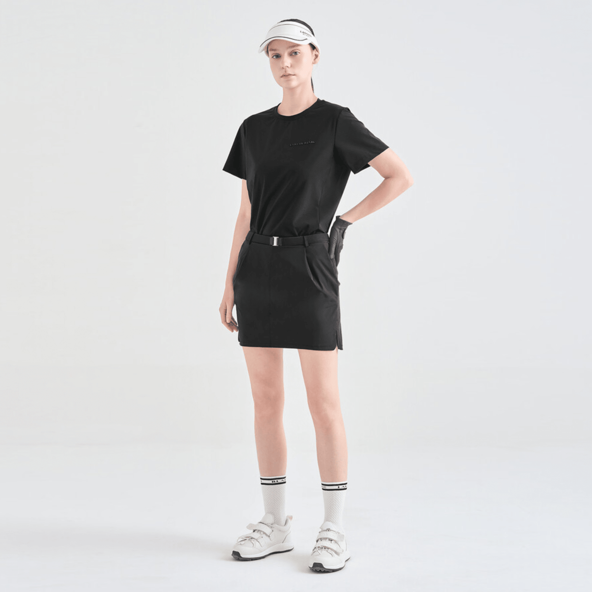 Women's Pintuck Belted Skirt - Black - Erthe Golf