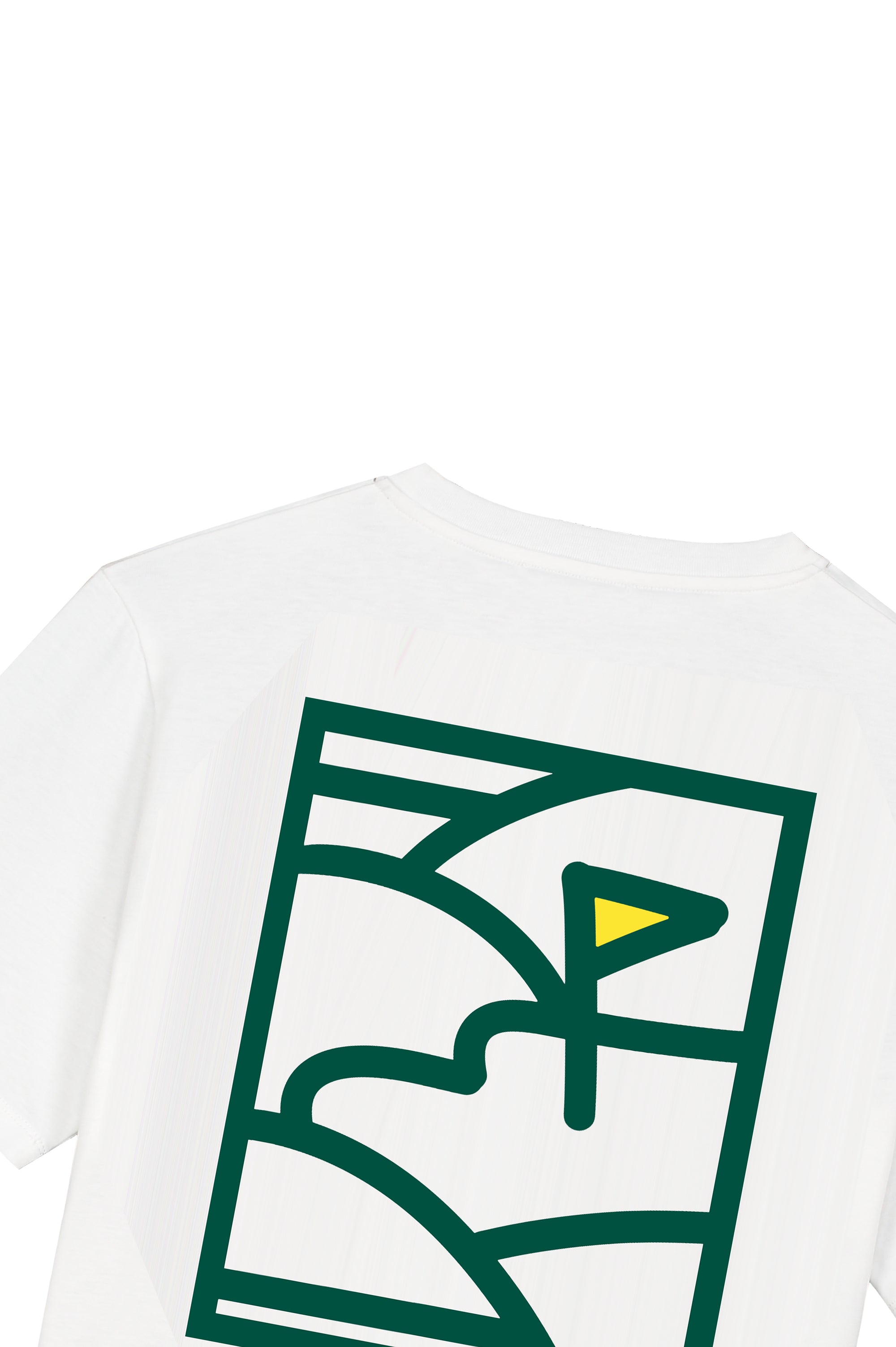 Back of LAY UP T-shirt featuring a bold green flock print of an abstract golf course with a yellow flag, blending sport and graphic streetwear.