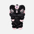 A black plush lion dance costume or character toy with pink accents, large white eyes with black outlines, and a purple eye patch, centered on a light gray background.