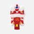 A red and white Chinese lion dance head plush toy with embroidered details and a red banner featuring the Chinese character for &