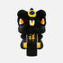 A black plush lion head accessory with yellow and gold accents, orange eyes, and a blue gem on the forehead, mounted on a black cylindrical stand against a light gray background.