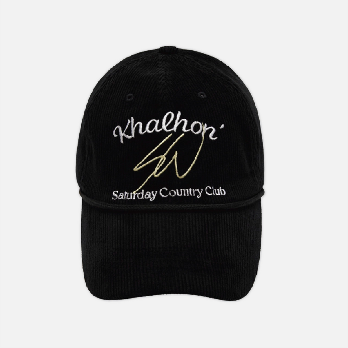 A black corduroy baseball cap featuring white and gold embroidered text on the front. The text reads 'Khalhop' in a cursive white font, a gold signature-style accent, and 'Saturday Country Club' in white below it.