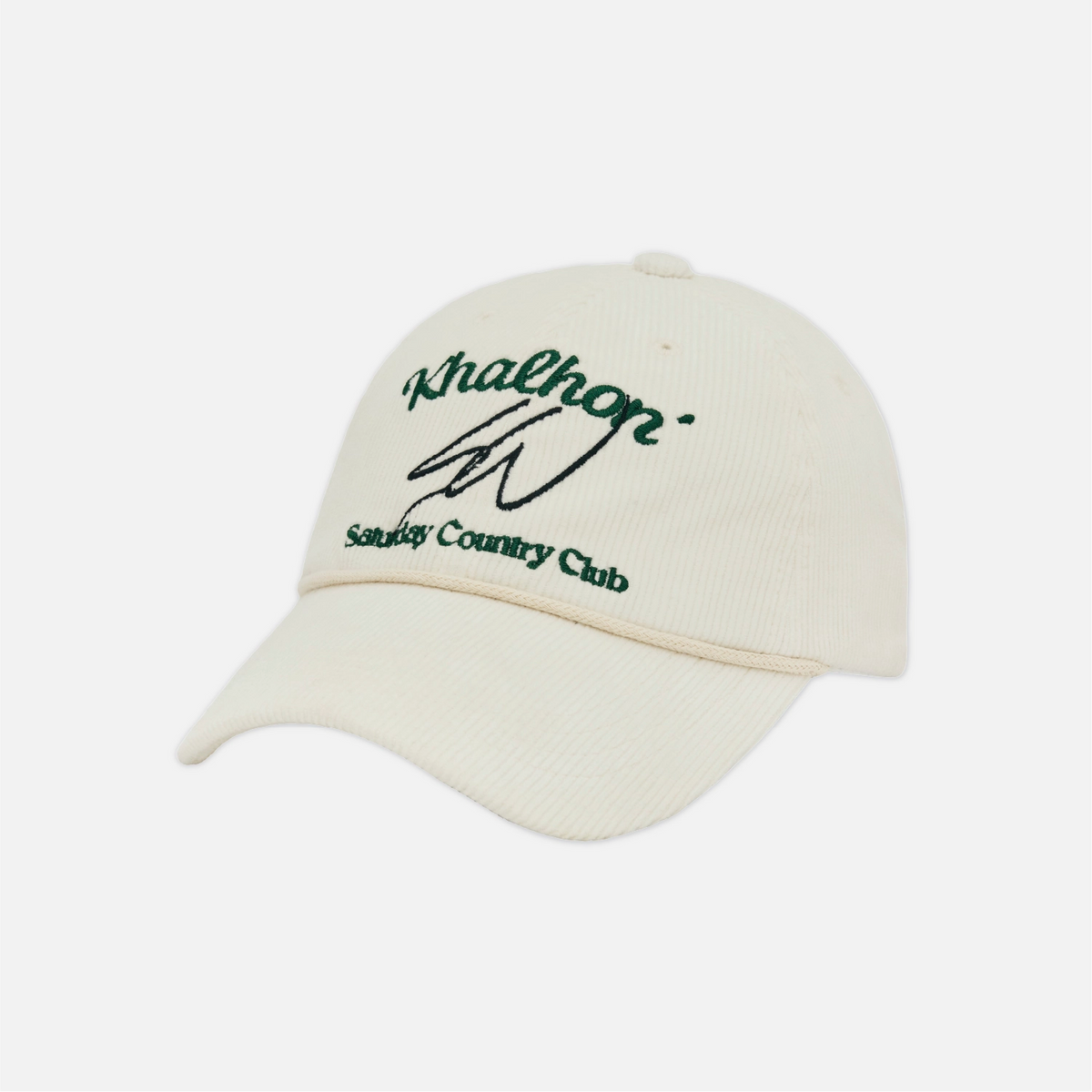 An off-white cotton baseball cap with green embroidered text reading 'Khalhon' and 'Saturday Country Club' on the front, shown against a plain light gray background.