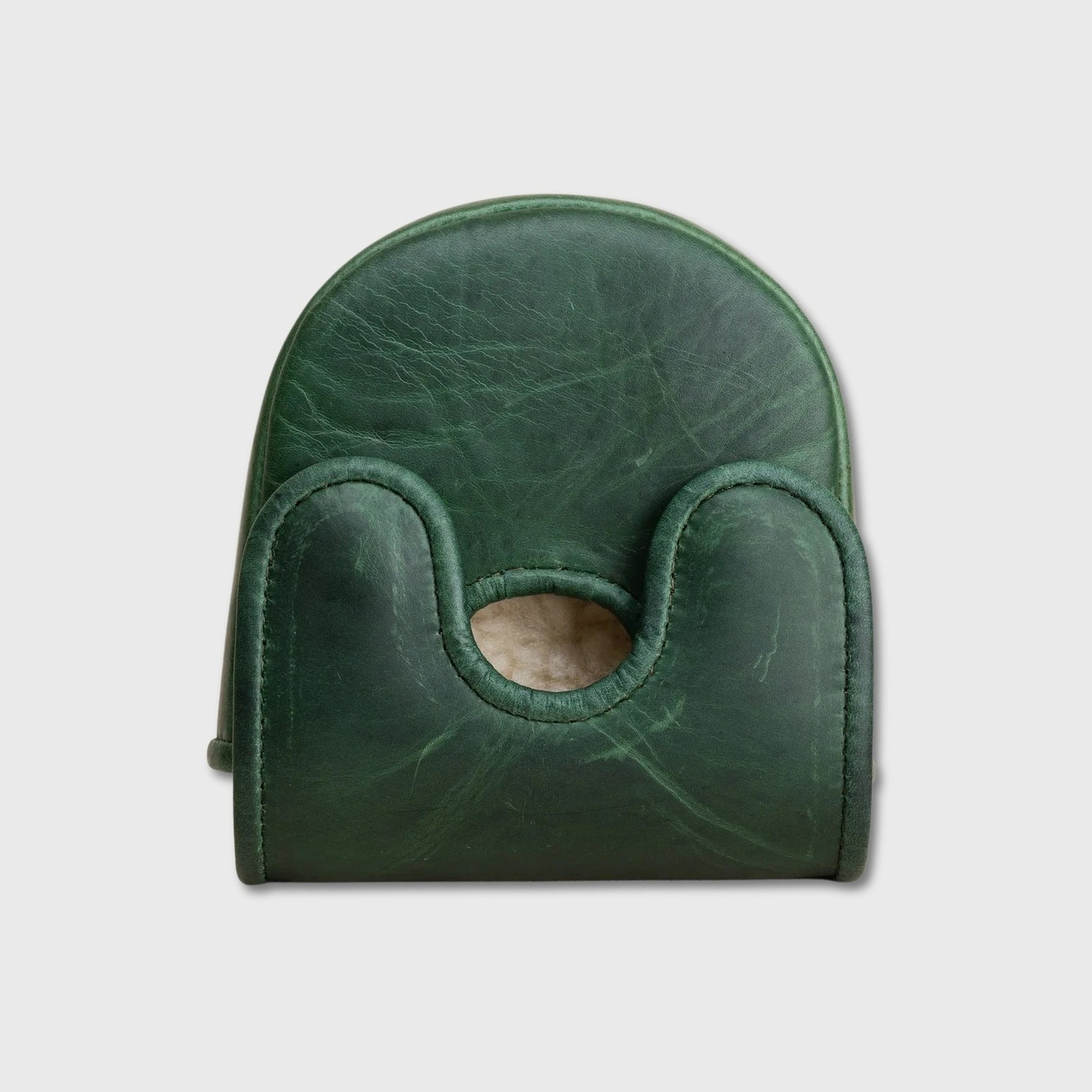 A dark green leather Center DF3 Putter Cover with a padded interior and a cutout for the pet's head, shown against a light gray background.