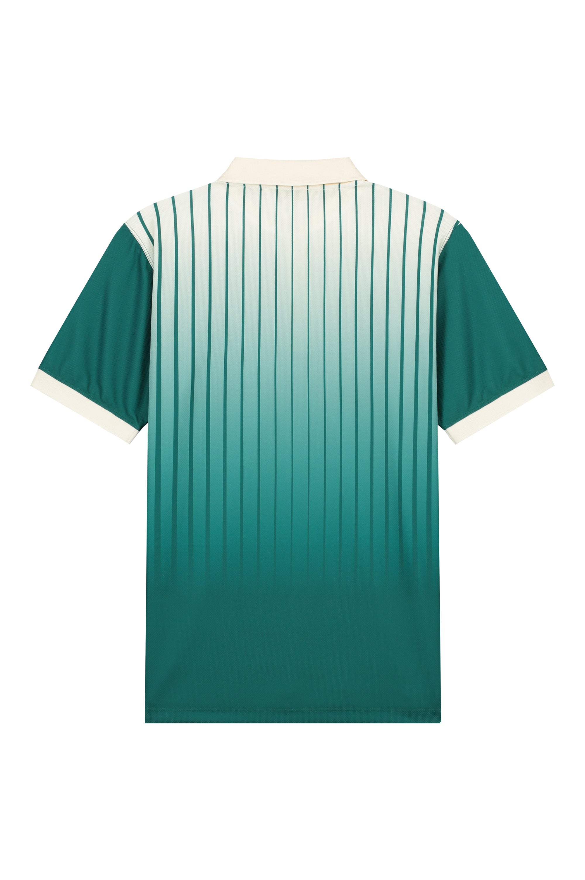 Gradient green polo shirt with vertical stripes and a white collar (back)