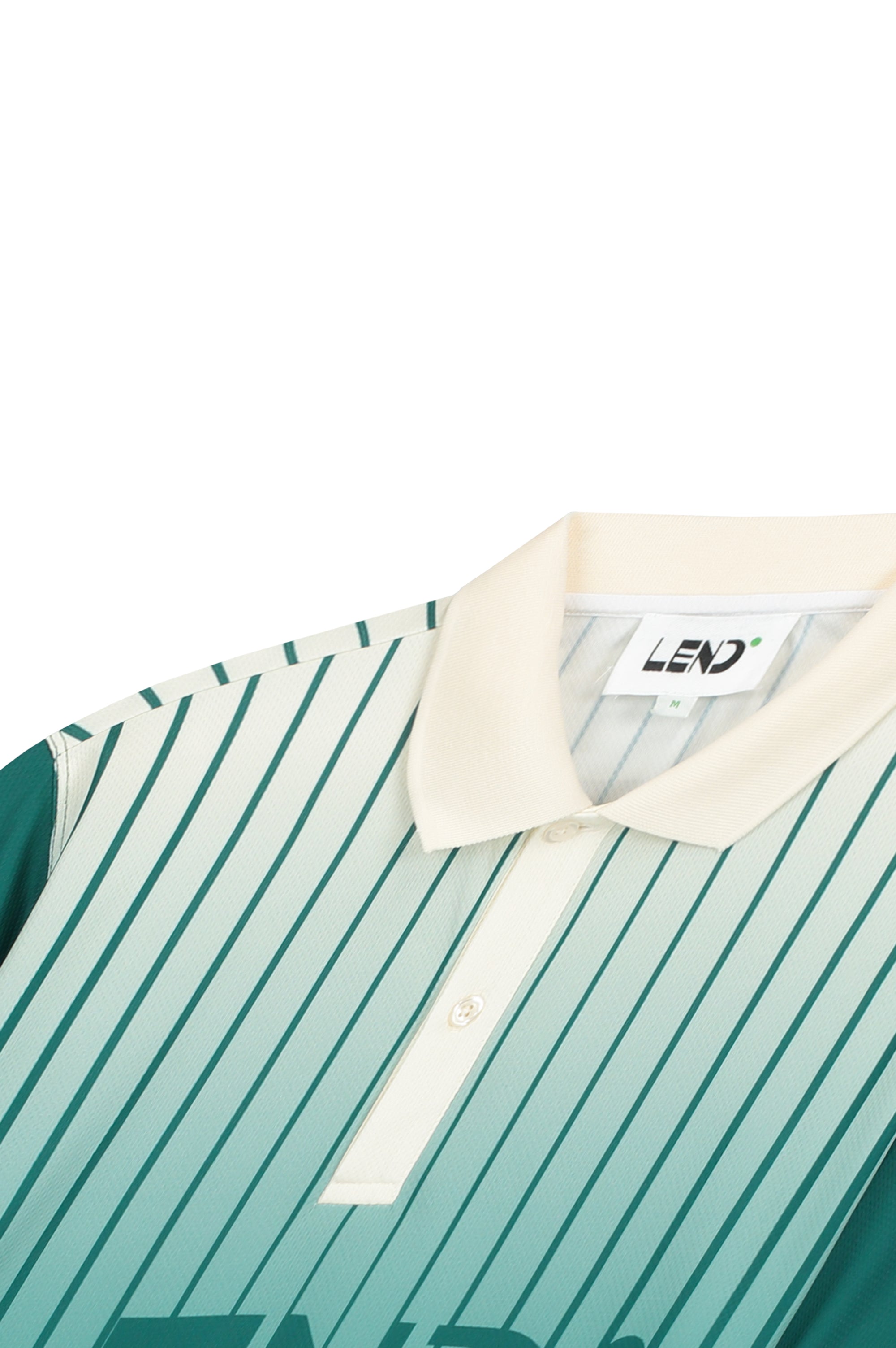Gradient green polo shirt with vertical stripes and a white collar