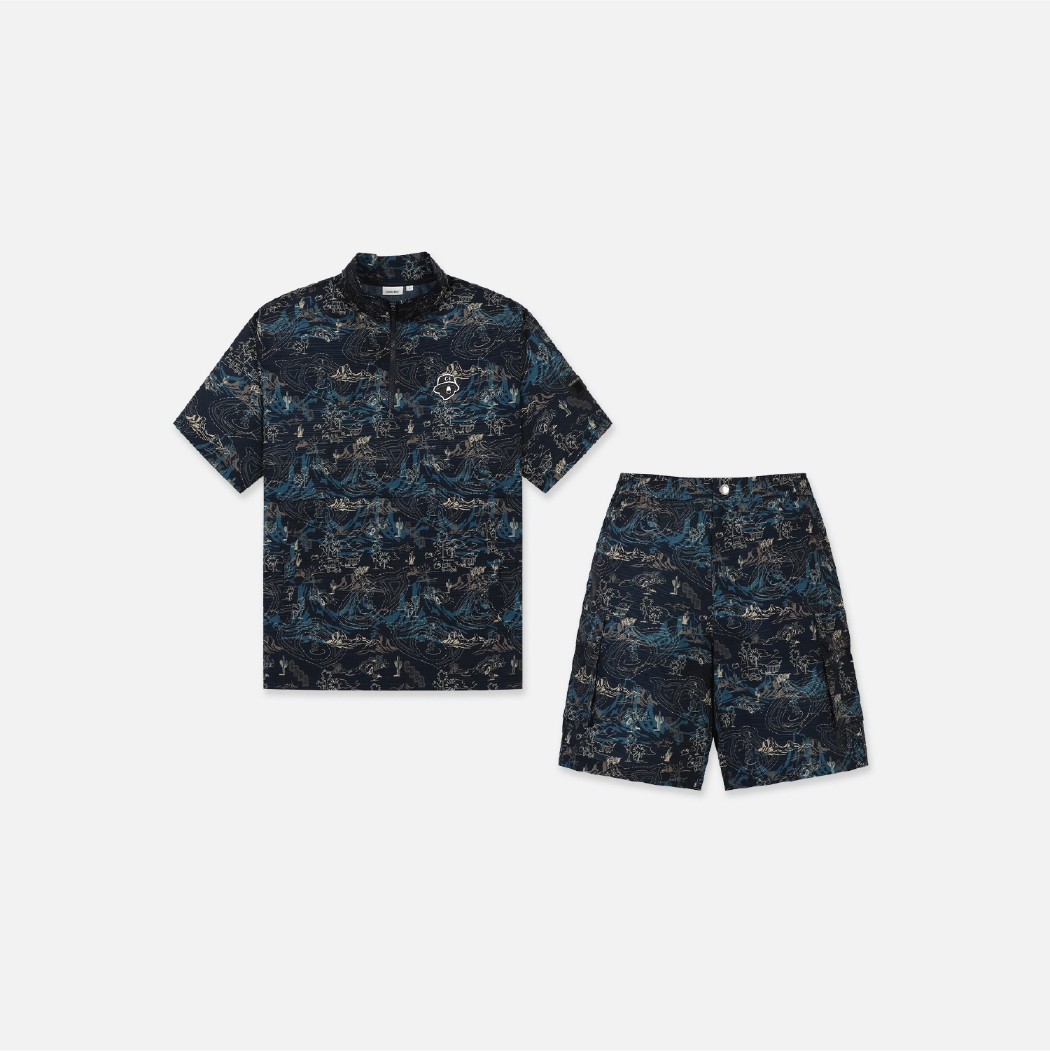 A matching two-piece set featuring a short-sleeve collared polo shirt and shorts, both in a dark navy blue and teal abstract wave-like pattern, displayed on a light gray background.