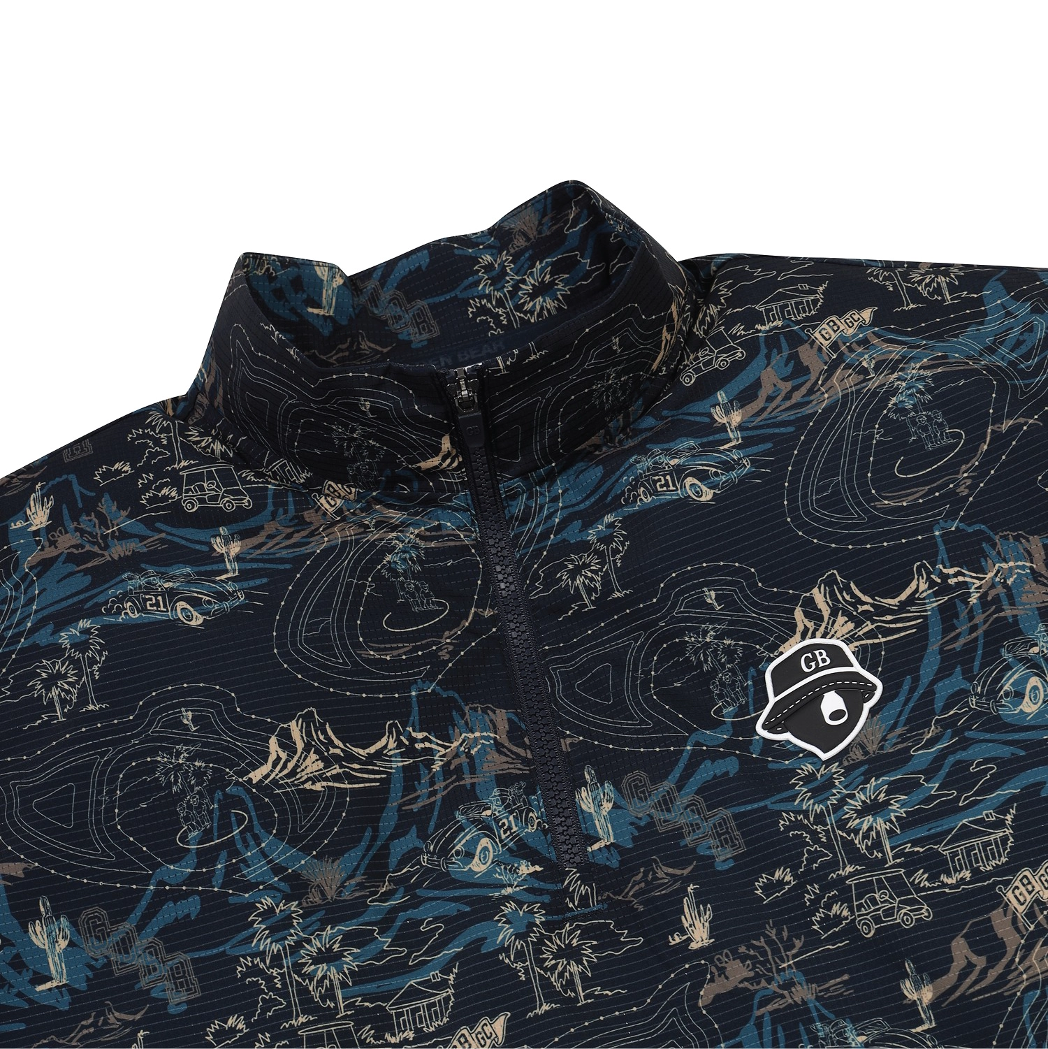 Close-up of a quarter-zip pullover with a dark navy blue base and an all-over beige and blue topographic map print. A white and black CB Police badge logo is embroidered on the left chest.