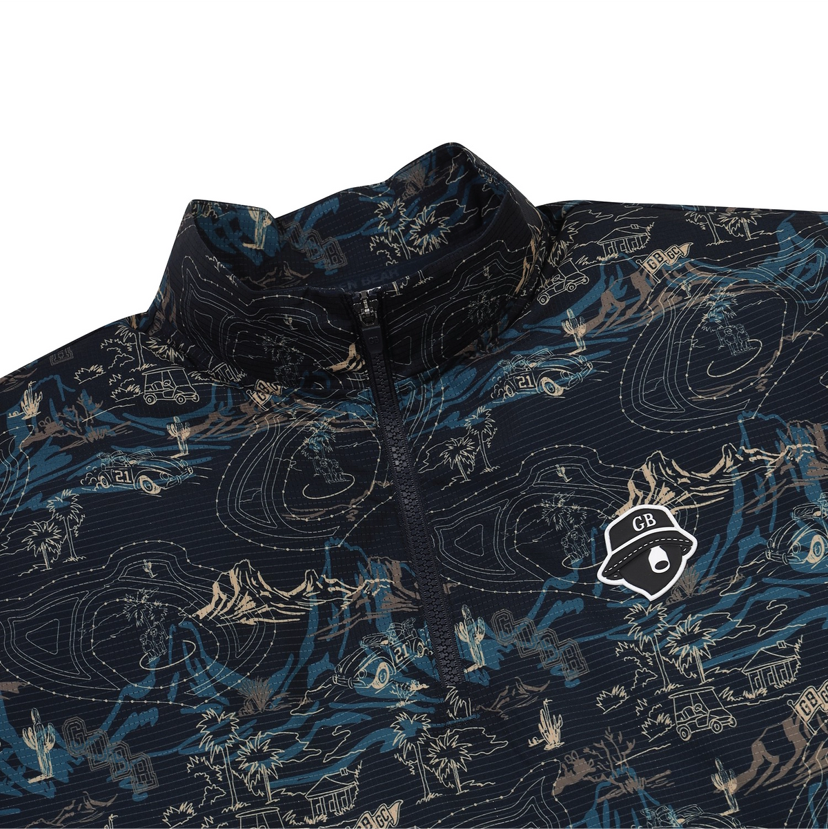 Close-up of a quarter-zip pullover with a dark navy blue base and an all-over beige and blue topographic map print. A white and black CB Police badge logo is embroidered on the left chest.