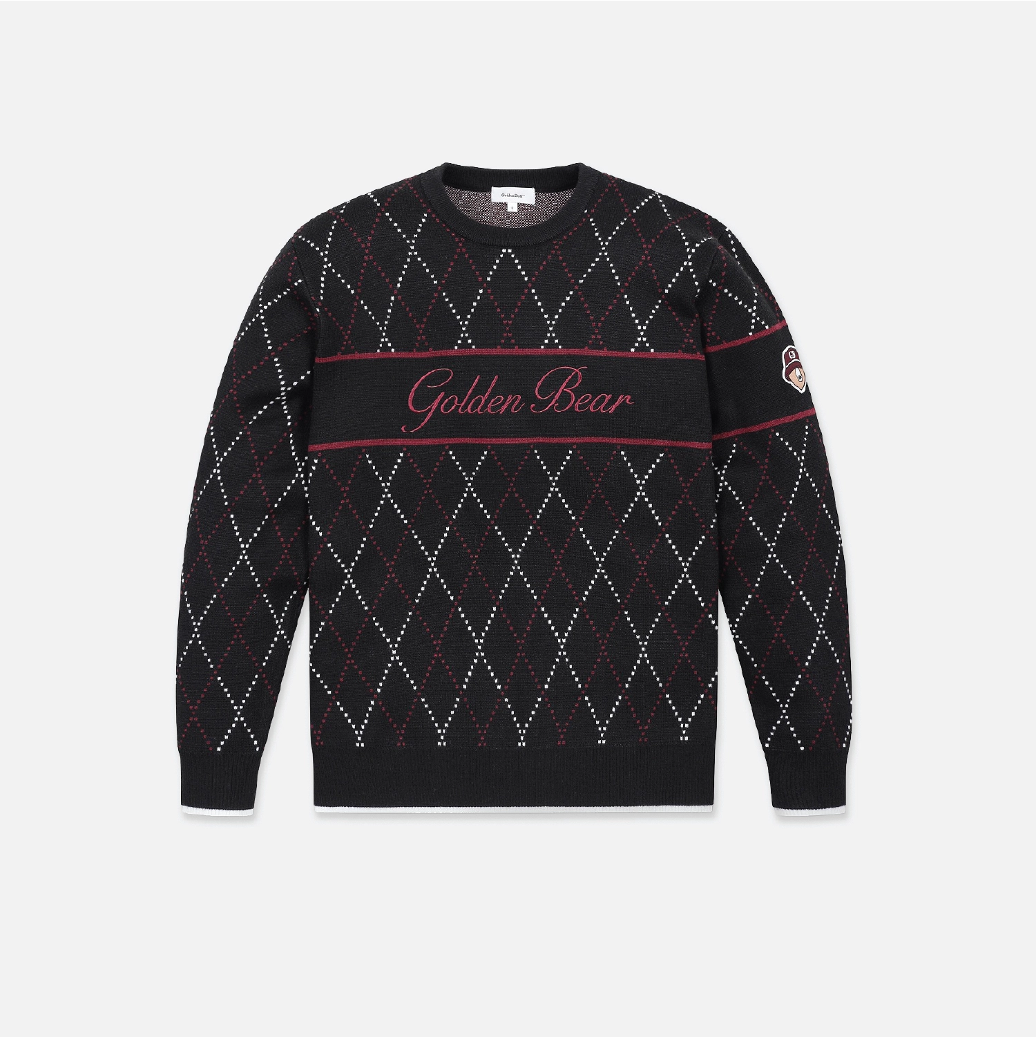 A black crewneck sweater featuring a white and red argyle pattern, a horizontal red stripe across the chest with 'Golden Bear' embroidered in red script, and a small patch on the left sleeve, shown against a light gray background.