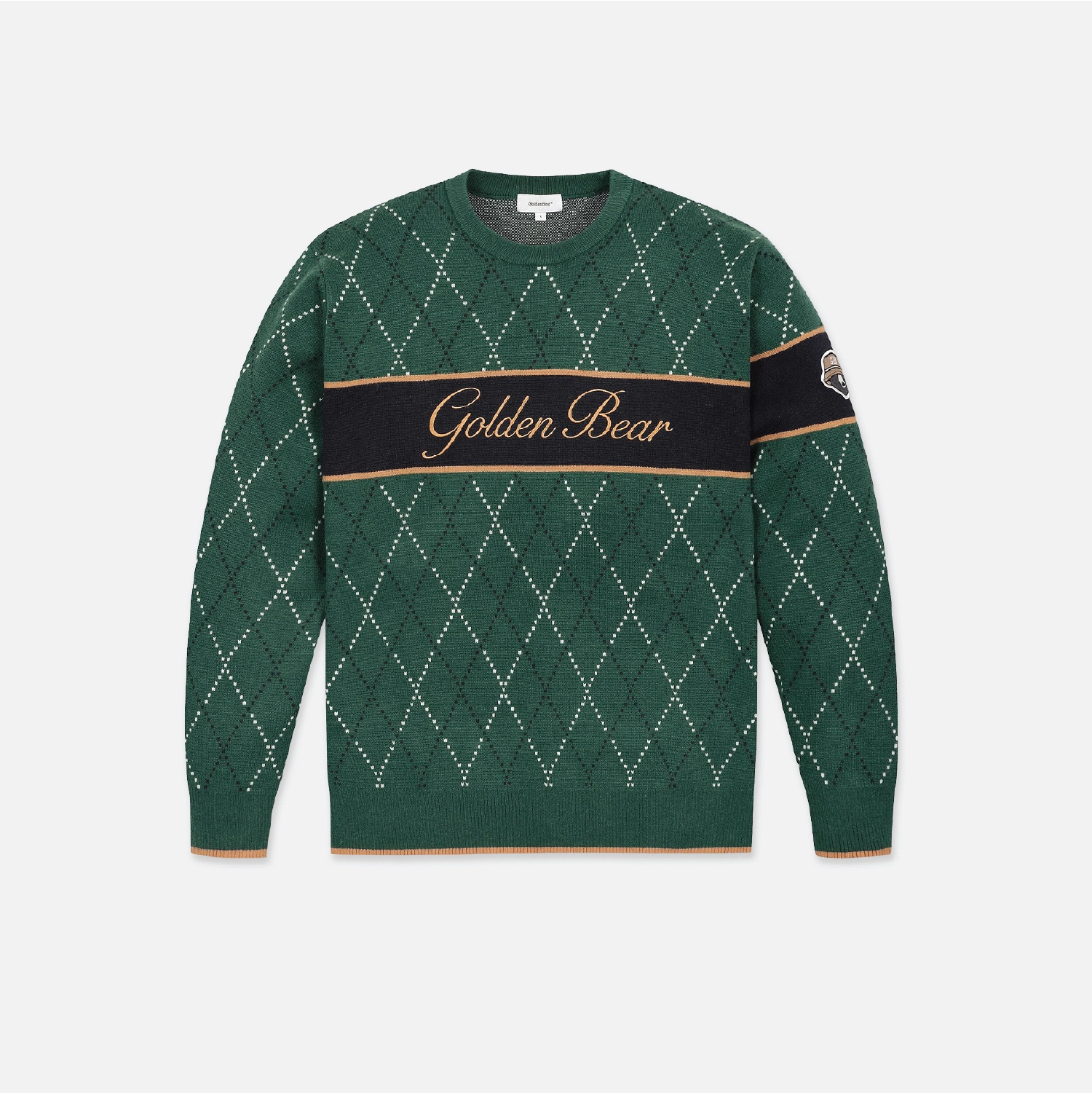 A dark green crewneck sweater featuring an argyle pattern with white dotted lines, a black horizontal chest stripe with 'Golden Bear' in gold script, and a small crest patch on the right sleeve, shown flat on a light gray background.