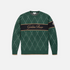A dark green crewneck sweater featuring an argyle pattern with white dotted lines, a black horizontal chest stripe with &