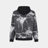 A black and white abstract paint splatter print hoodie shown from the back, featuring a solid black hood and ribbed cuffs and hem, set against a light gray background.