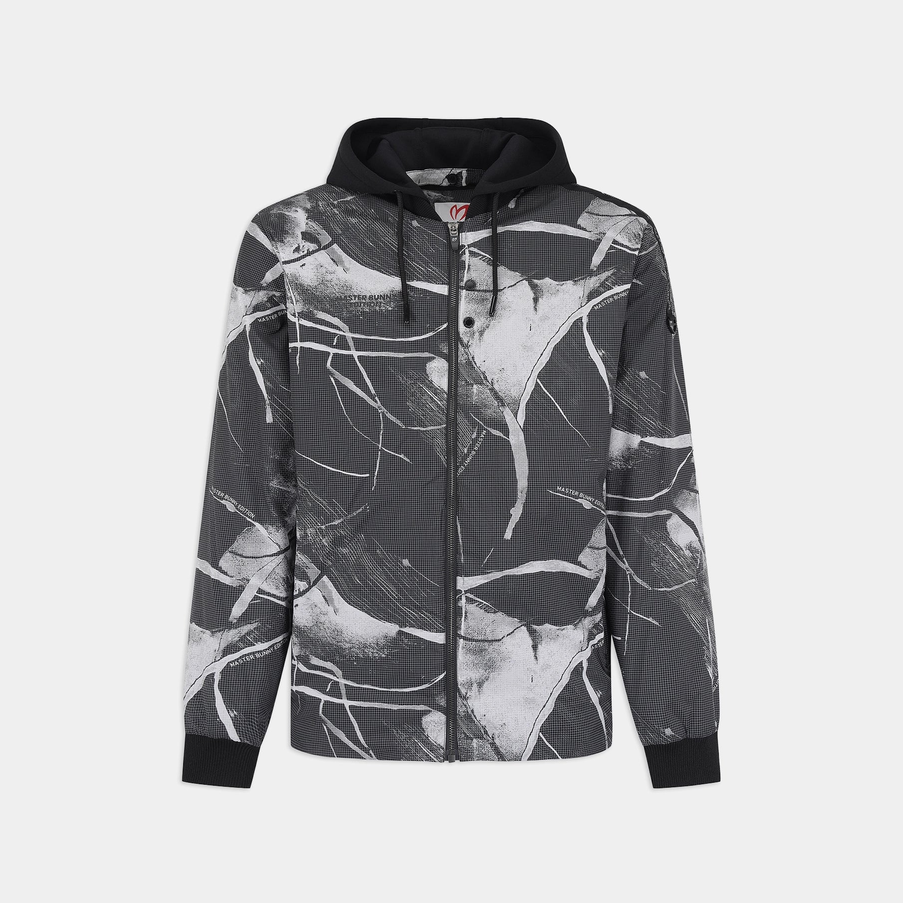 A dark gray and white abstract brushstroke print zip-up hoodie with black trim, shown against a light gray background.