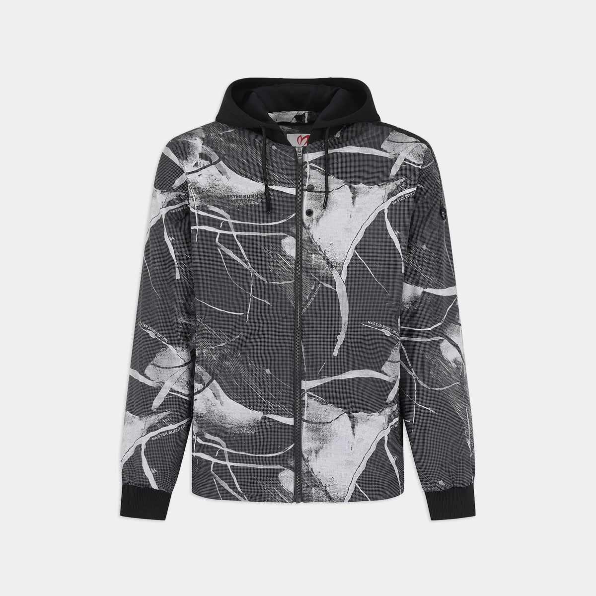 A dark gray and white abstract brushstroke print zip-up hoodie with black trim, shown against a light gray background.