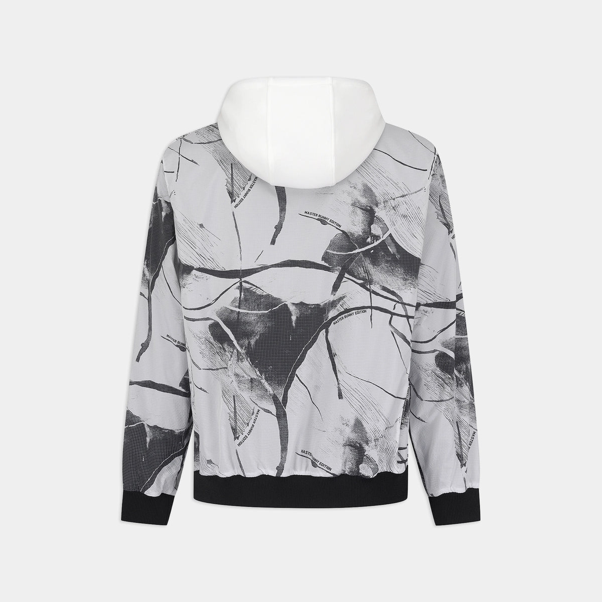 A long-sleeve hooded sweatshirt shown from the back, featuring a black and white abstract brushstroke pattern on a light gray base, with solid black ribbed cuffs and hem.