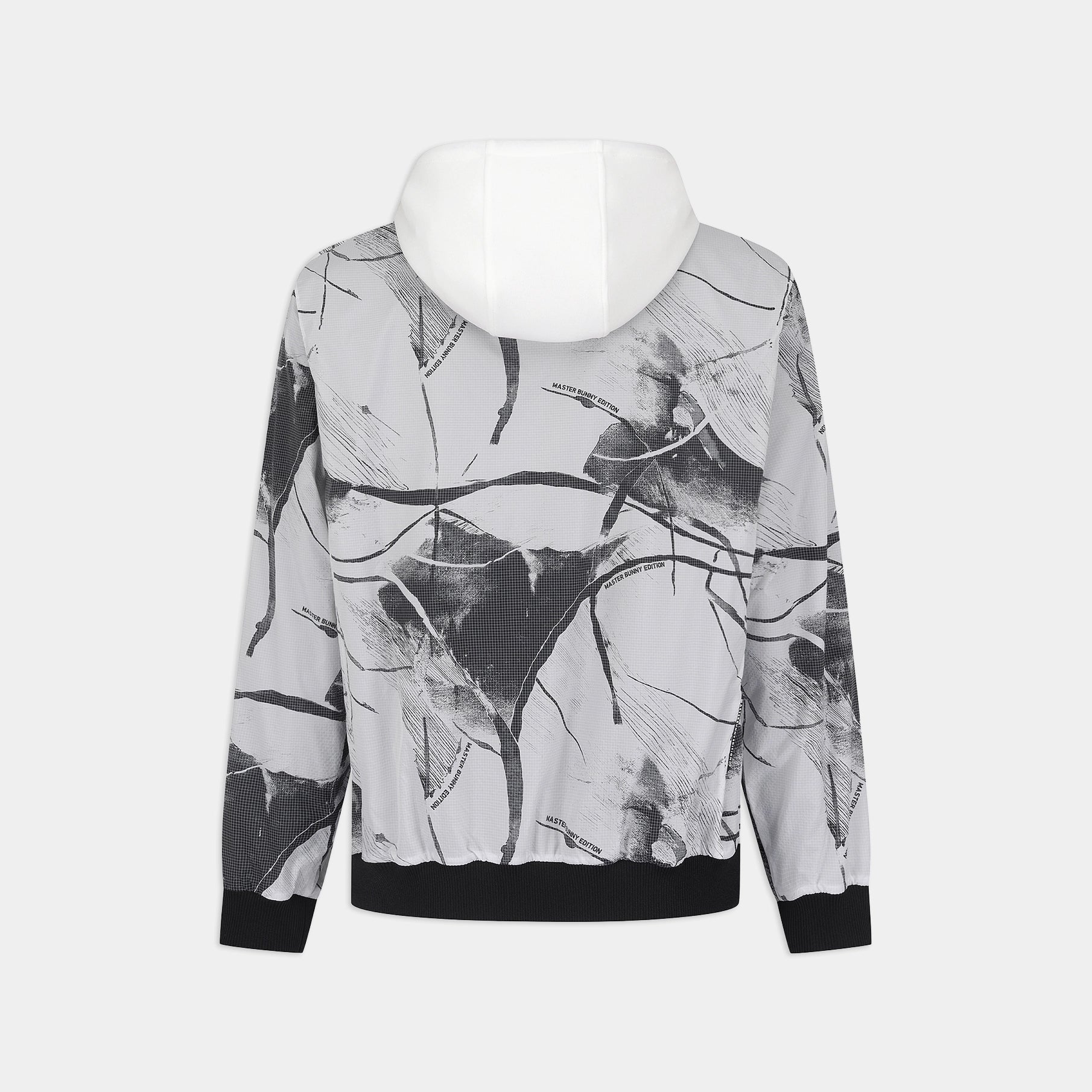 A long-sleeve hooded sweatshirt shown from the back, featuring a black and white abstract brushstroke pattern on a light gray base, with solid black ribbed cuffs and hem.