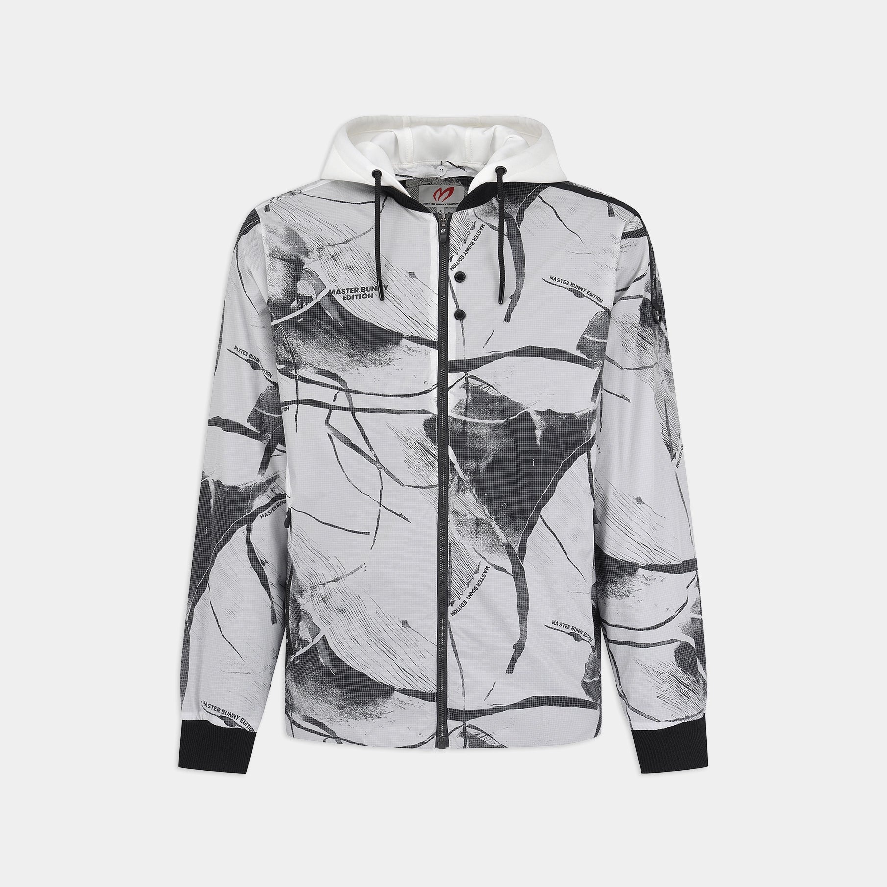 A lightweight hooded jacket featuring an abstract black and white brushstroke pattern, a white hood, and black drawstrings, shown against a light gray background.