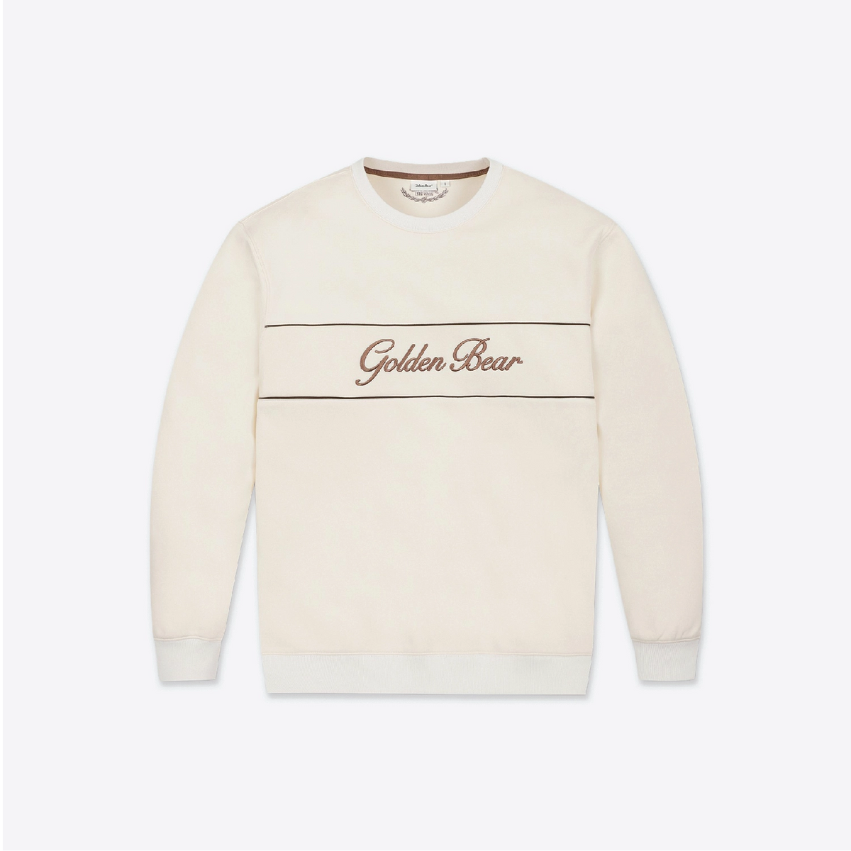 An off-white crewneck sweatshirt with 'Golden Bear' embroidered in brown script across the chest, flanked by two thin horizontal brown stripes, shown on a light gray background.