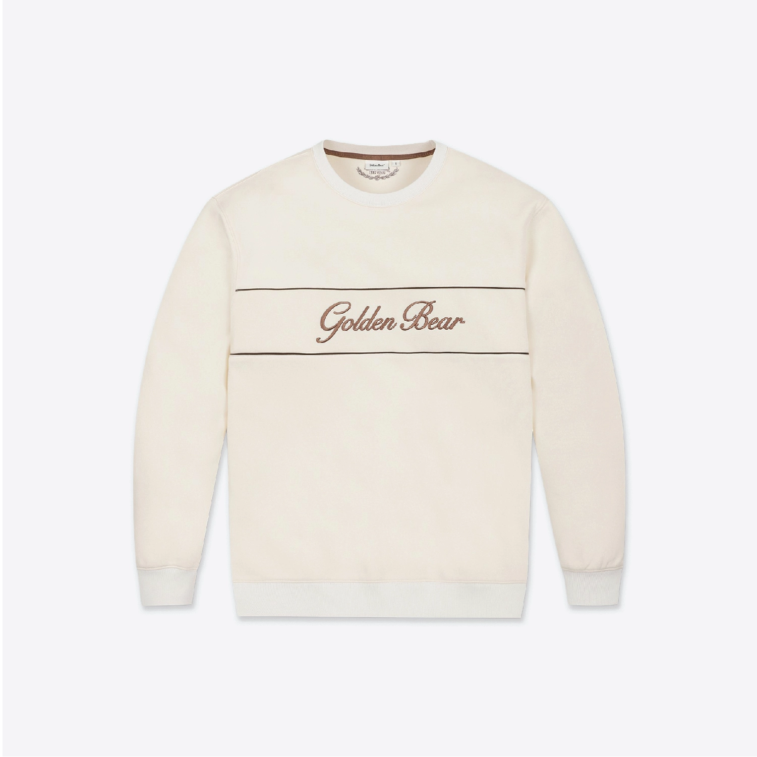 An off-white crewneck sweatshirt with 'Golden Bear' embroidered in brown script across the chest, flanked by two thin horizontal brown stripes, shown on a light gray background.