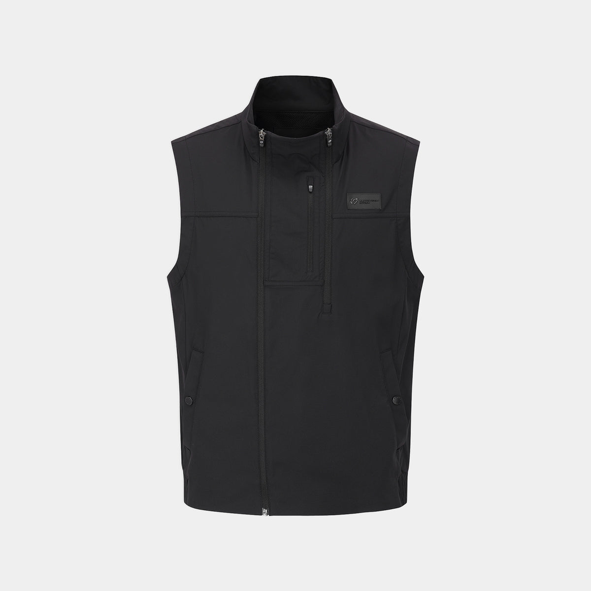 A black sleeveless zip-front vest with a stand collar and a small rectangular chest logo patch, shown on a light gray background.