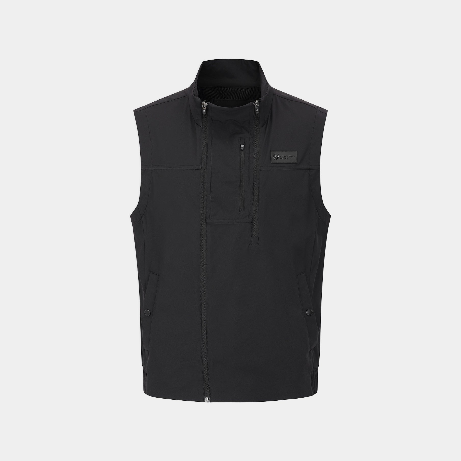 A black sleeveless zip-front vest with a stand collar and a small rectangular chest logo patch, shown on a light gray background.