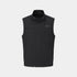 A black sleeveless zip-front vest with a stand collar and a small rectangular chest logo patch, shown on a light gray background.