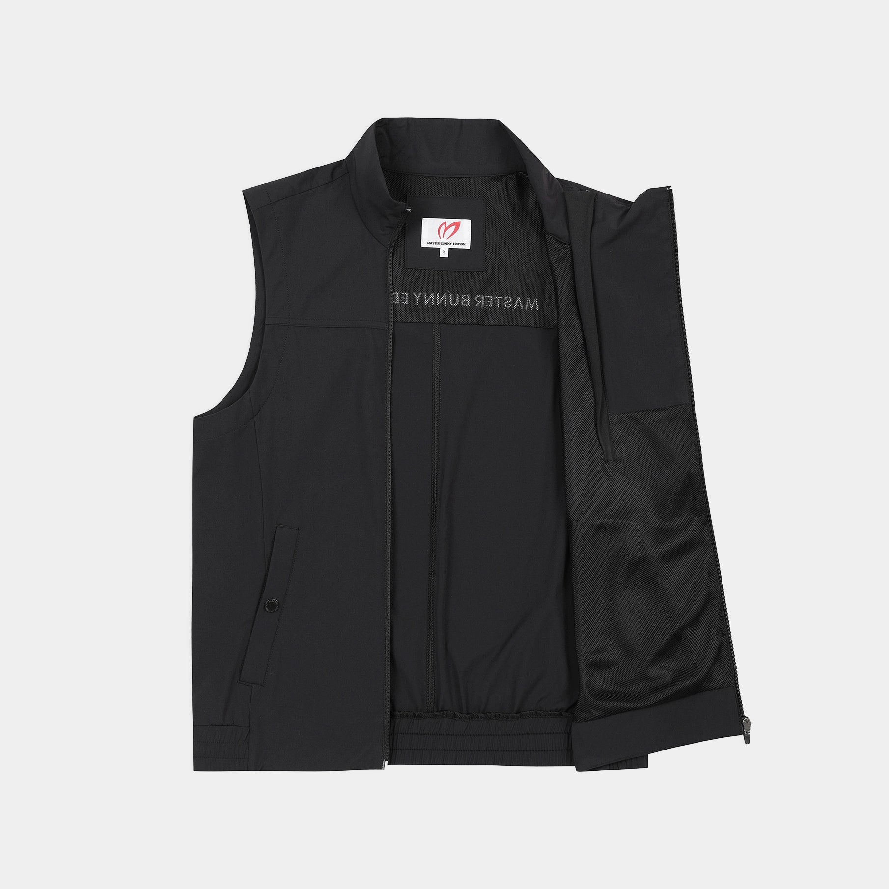 A dark gray sleeveless zip-up vest with a stand collar, shown flat against a light gray background. The vest features a full front zipper, side pockets, and a partially unzipped right sleeve revealing the inner lining.