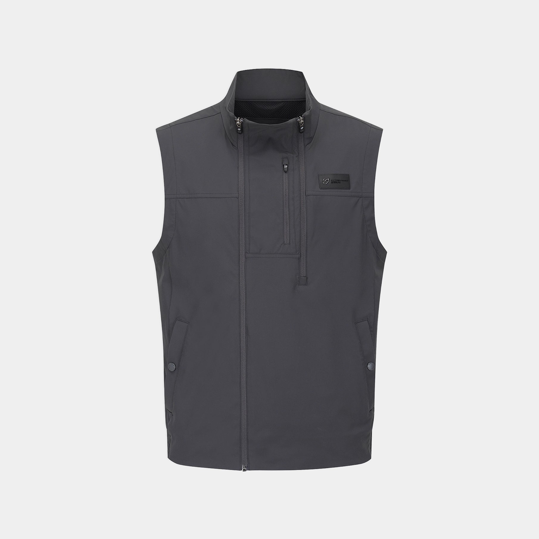 A dark gray sleeveless zip-up vest with a stand collar, a vertical zippered chest pocket, and snap-button side pockets, shown on a light gray background.
