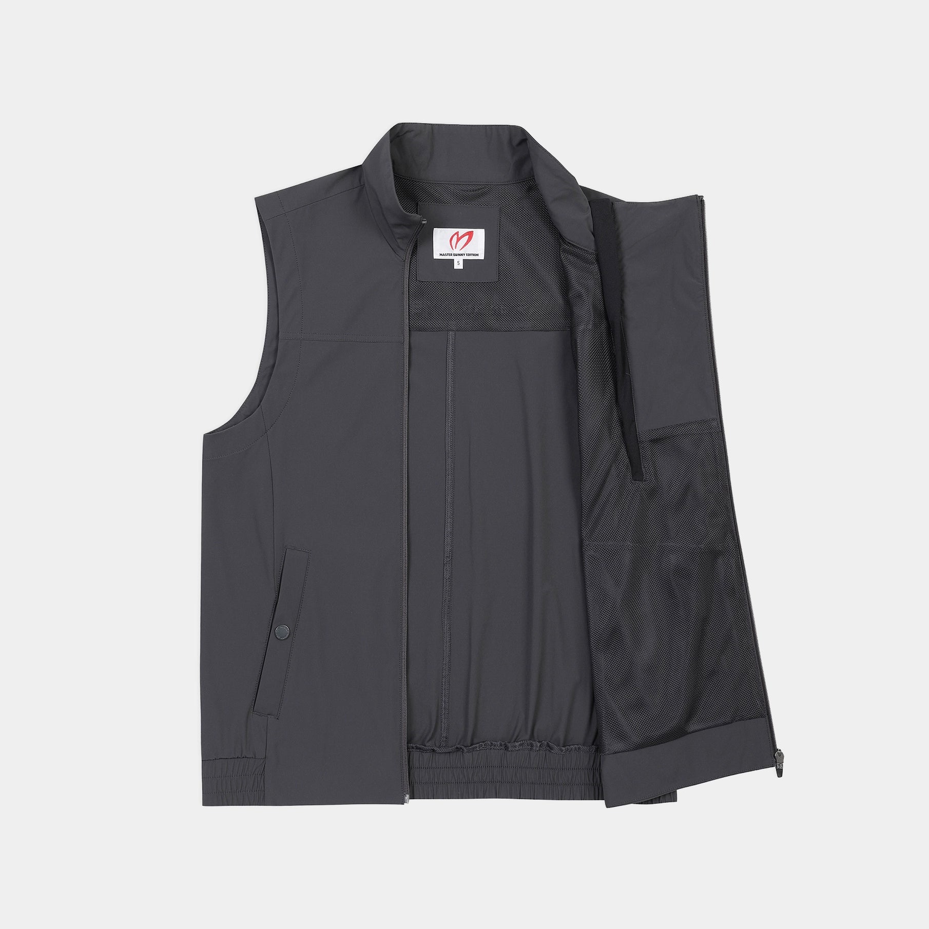 A dark gray sleeveless zip-up vest with a stand collar, shown flat against a light gray background. The vest features a full front zipper, side pockets, and a partially unzipped right sleeve revealing the inner lining.