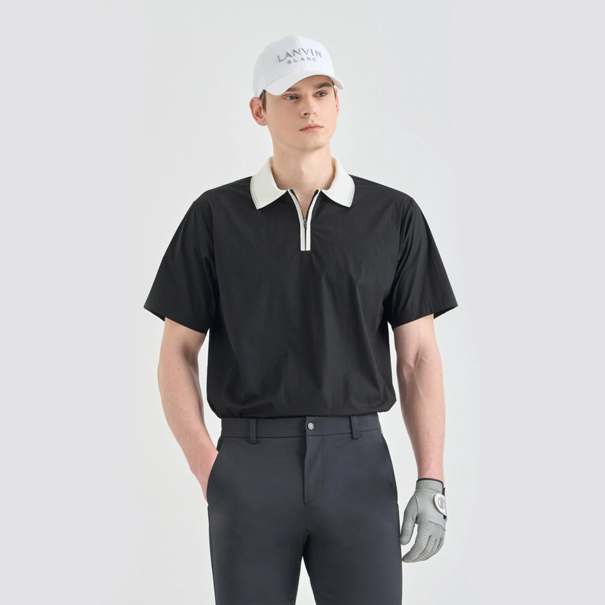 Men's Drawstring Zip Polo - Black - Erthe Golf