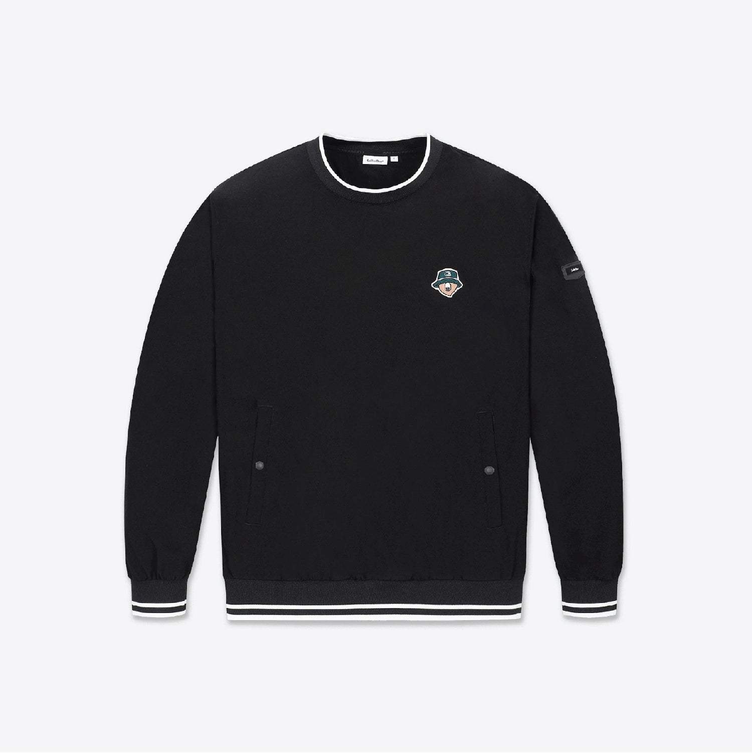 A black crewneck sweatshirt with white contrast trim on the collar, cuffs, and hem, featuring a small embroidered graphic on the left chest and a small patch on the right sleeve, displayed against a light gray background.