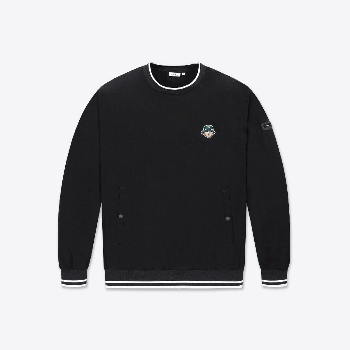 A black crewneck sweatshirt with white contrast trim on the collar, cuffs, and hem, featuring a small embroidered graphic on the left chest and a small patch on the right sleeve, displayed against a light gray background.