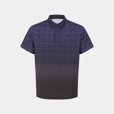 A short-sleeve polo shirt with a dark navy blue and black gradient design, featuring a fine grid pattern across the upper body and sleeves, and a solid black lower section. It has a small embroidered logo on the left chest and a black collar.