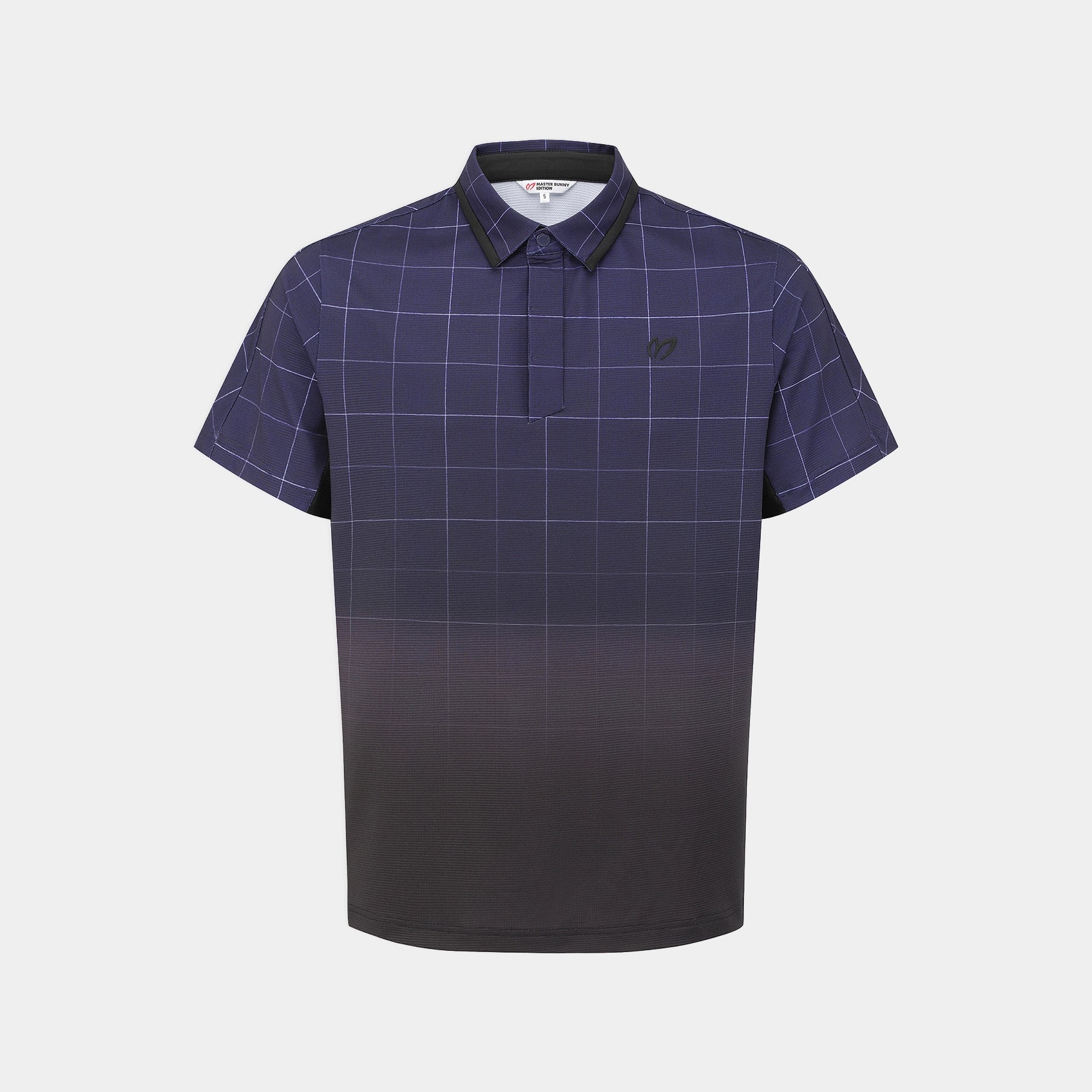 A short-sleeve polo shirt with a dark navy blue and black gradient design, featuring a fine grid pattern across the upper body and sleeves, and a solid black lower section. It has a small embroidered logo on the left chest and a black collar.