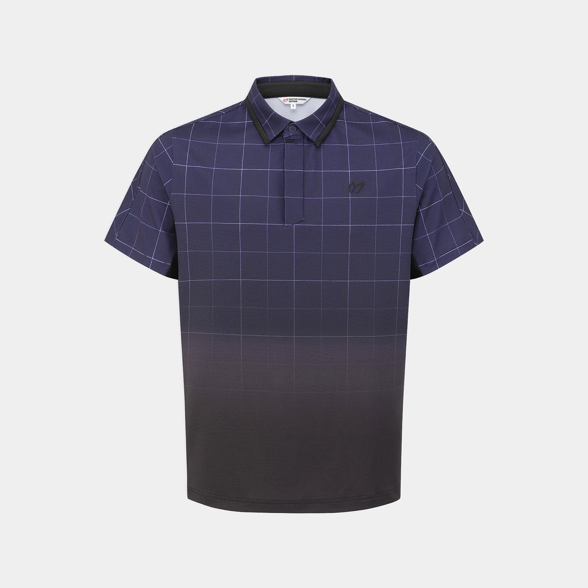 A short-sleeve polo shirt with a dark navy blue and black gradient design, featuring a fine grid pattern across the upper body and sleeves, and a solid black lower section. It has a small embroidered logo on the left chest and a black collar.