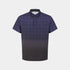A short-sleeve polo shirt with a dark navy blue and black gradient design, featuring a fine grid pattern across the upper body and sleeves, and a solid black lower section. It has a small embroidered logo on the left chest and a black collar.