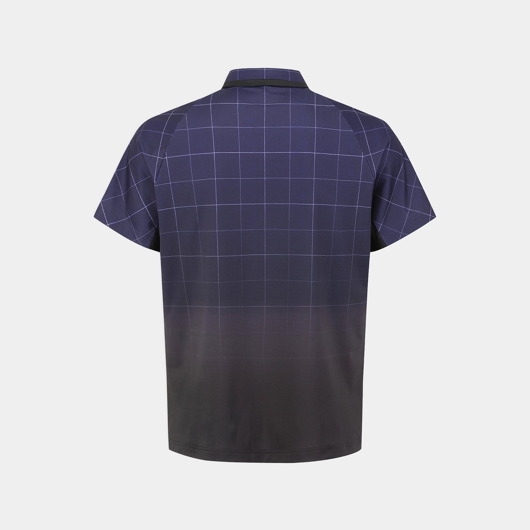 A short-sleeve polo shirt shown from the back, featuring a dark purple and black windowpane grid pattern with a smooth dark gradient at the bottom, displayed on a light gray background.