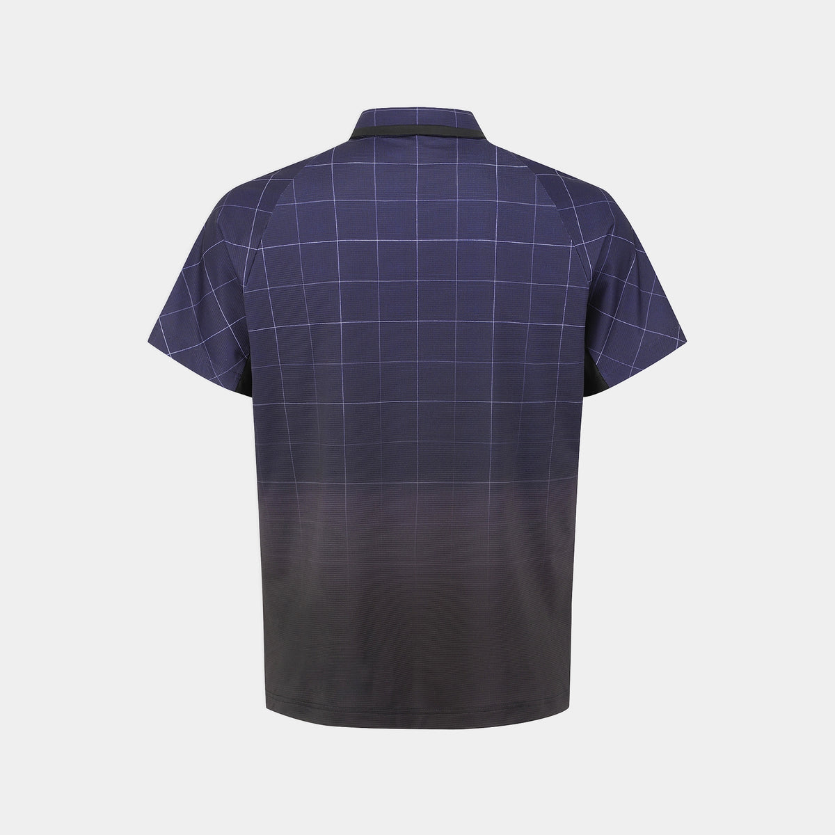 A short-sleeve polo shirt shown from the back, featuring a dark purple and black windowpane grid pattern with a smooth dark gradient at the bottom, displayed on a light gray background.