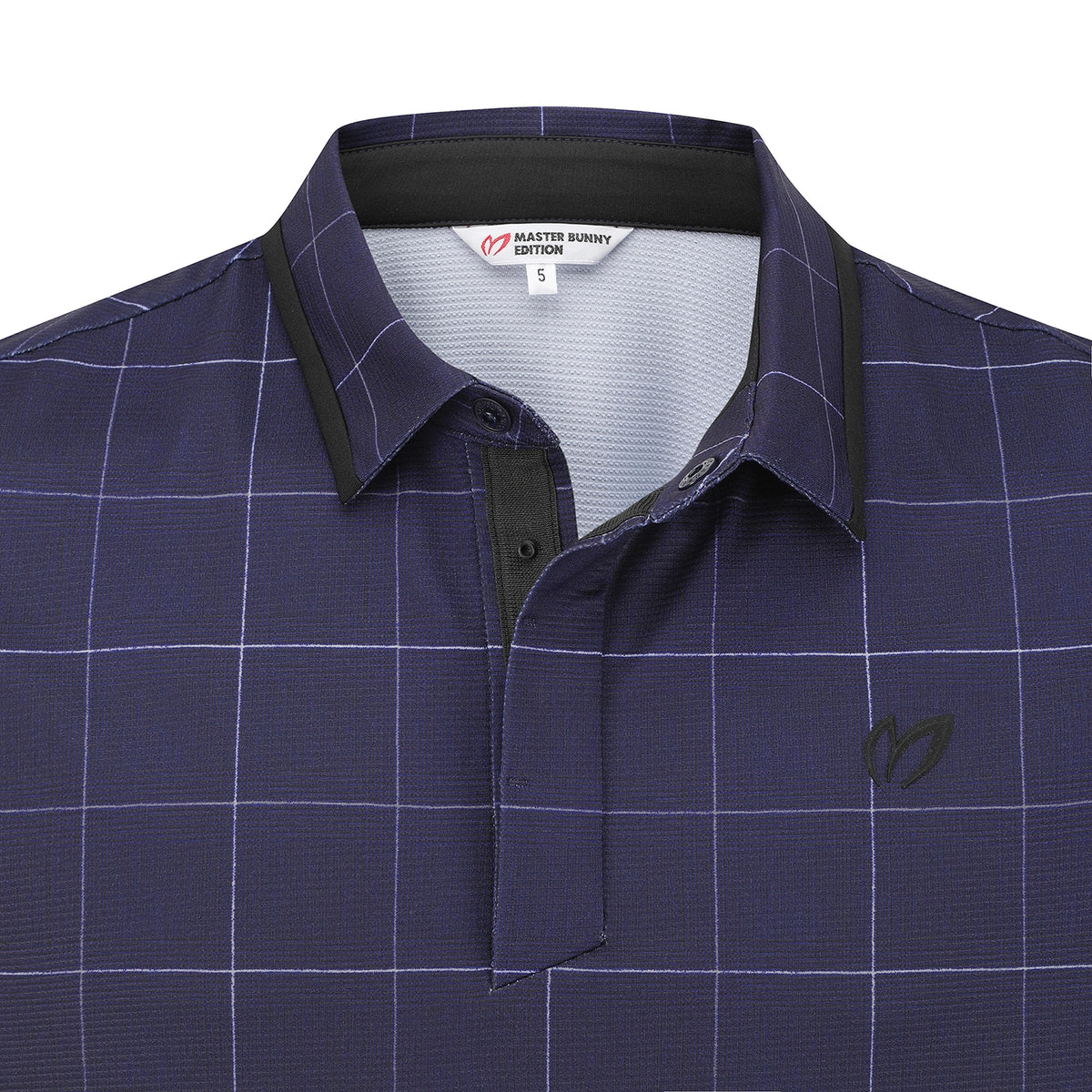 Close-up of a navy blue polo shirt with a subtle grid pattern, featuring a black collar and placket trim, and a small black embroidered logo on the chest.