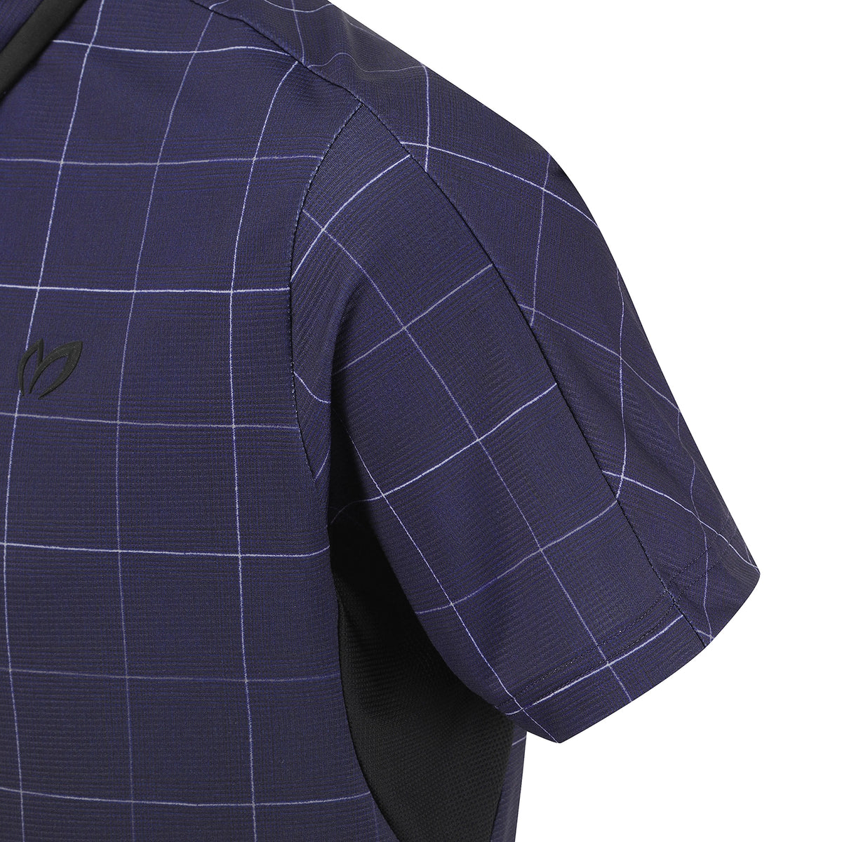 Close-up of a short-sleeve athletic jersey in navy blue with a white windowpane grid pattern and a black mesh side panel.