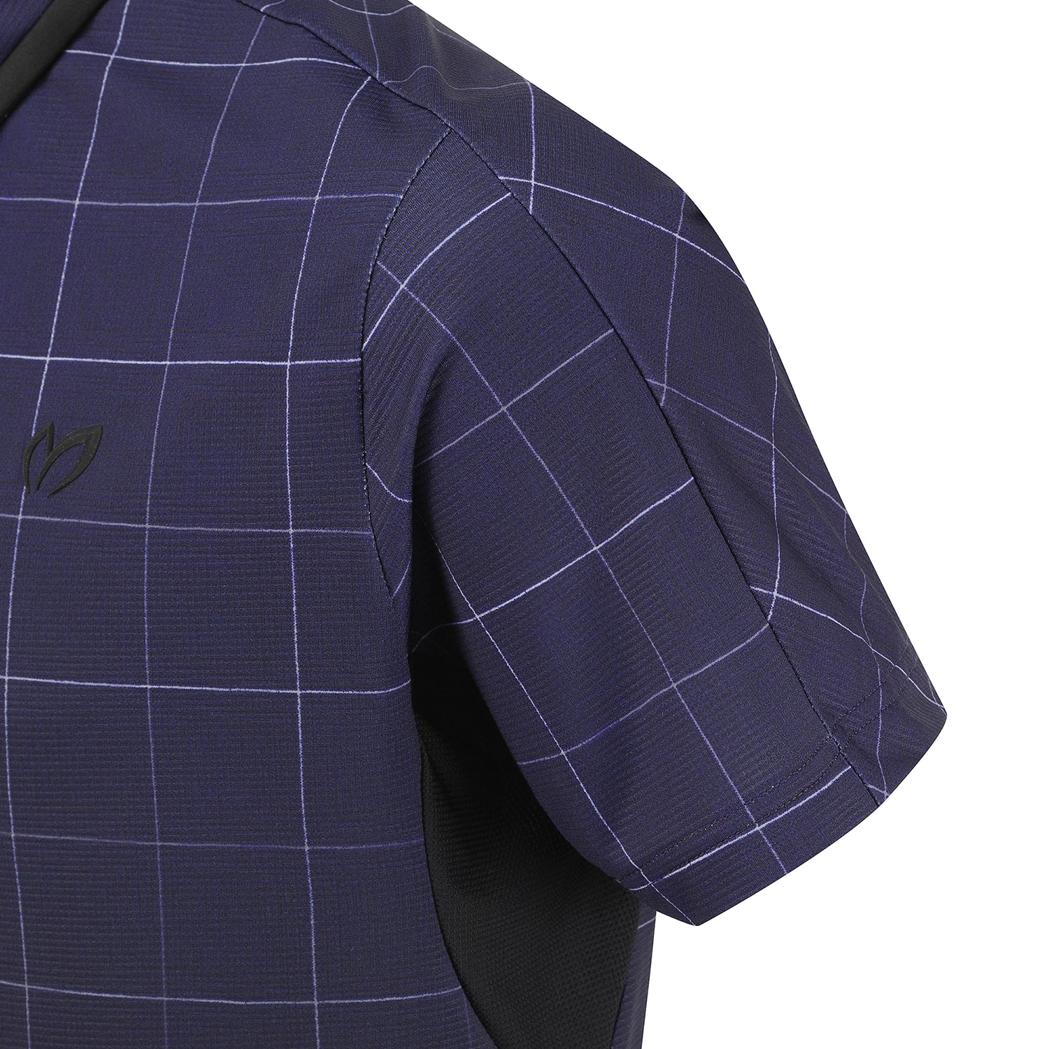 Close-up of a short-sleeve athletic jersey in navy blue with a white windowpane grid pattern and a black mesh side panel.