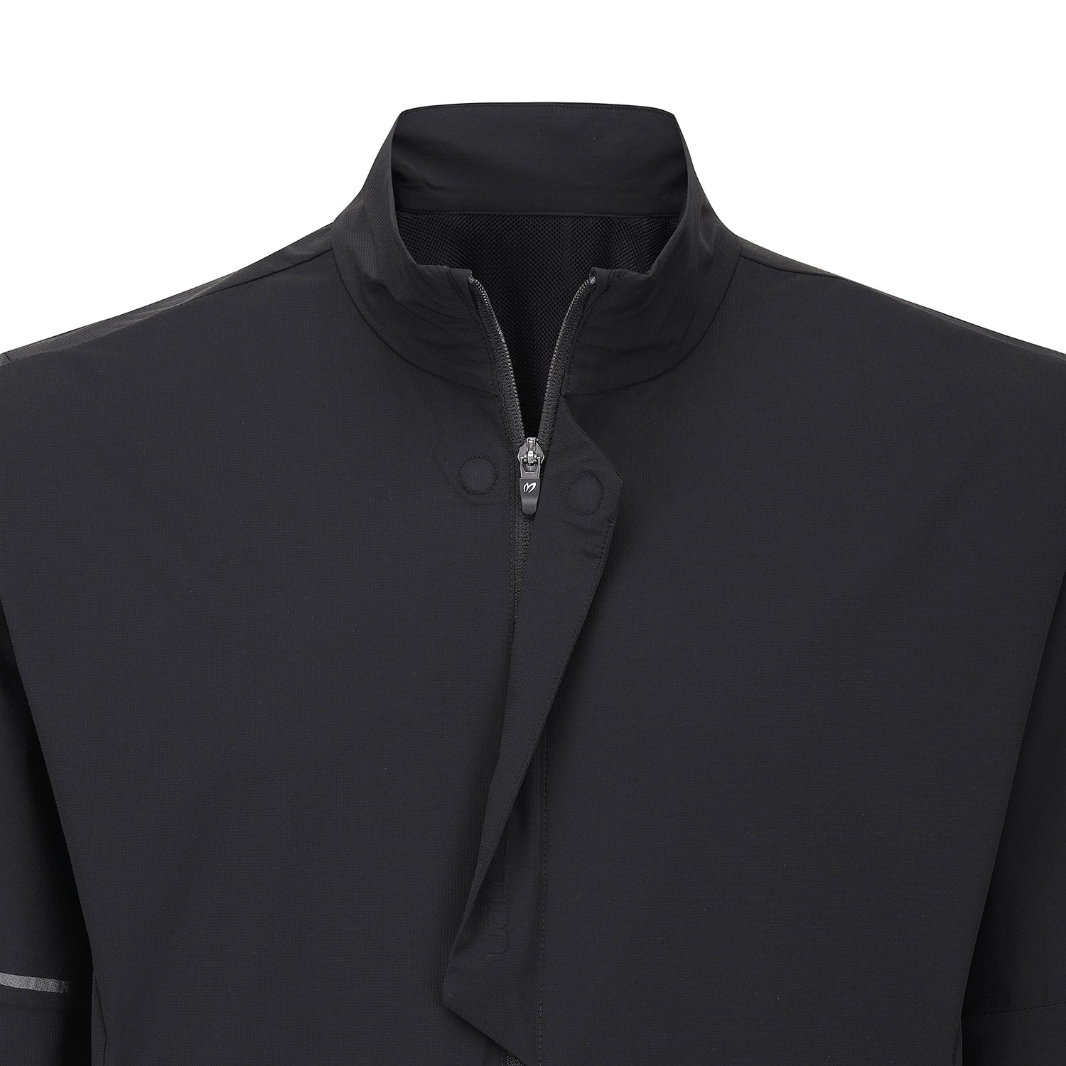 Close-up of a black lightweight jacket with a stand-up collar and a short front zipper, shown on a plain white background.