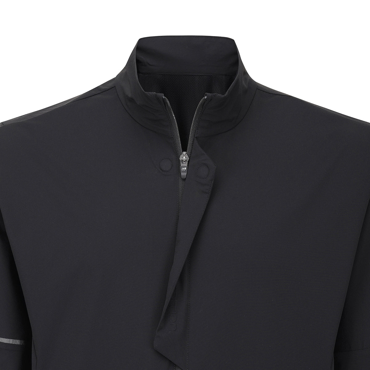 Close-up of a black lightweight jacket with a stand-up collar and a short front zipper, shown on a plain white background.