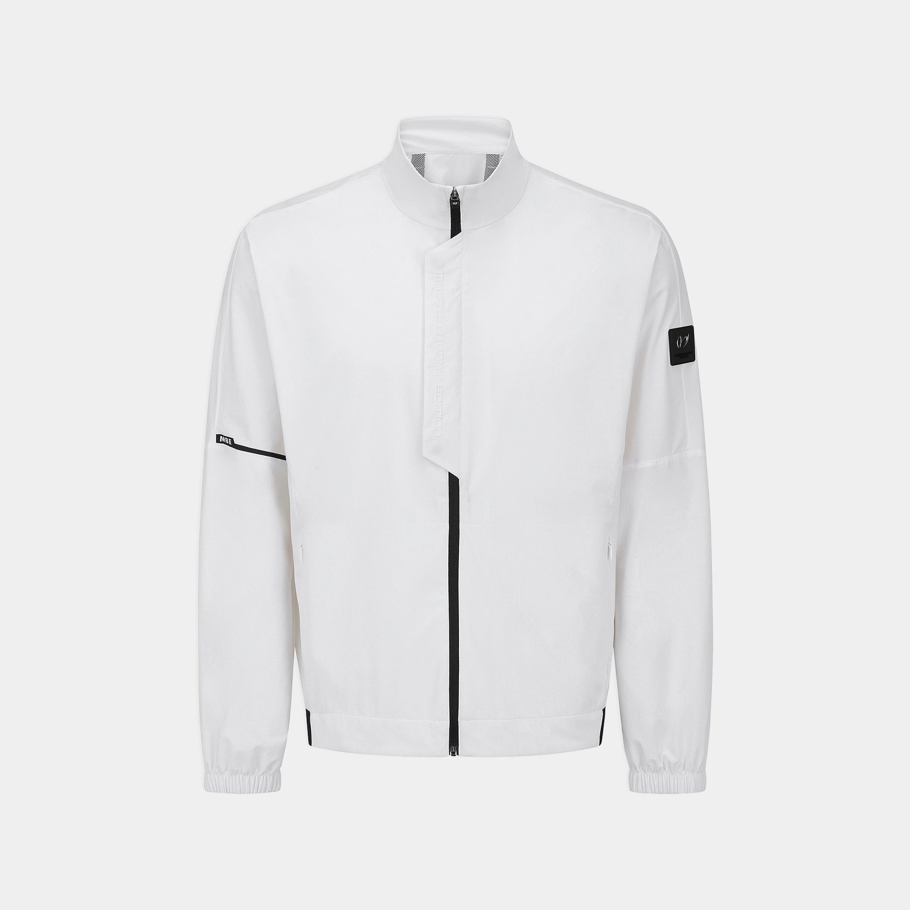 A white lightweight zip-up jacket with black zipper accents and a small black brand patch on the sleeve, shown against a light gray background.