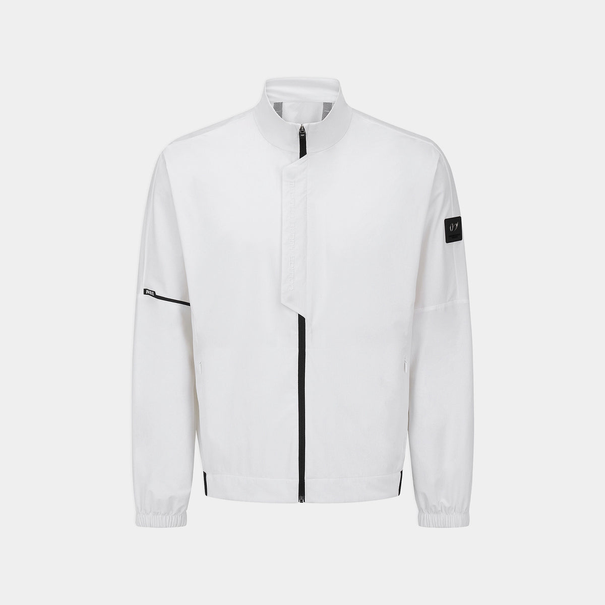 A white lightweight zip-up jacket with black zipper accents and a small black brand patch on the sleeve, shown against a light gray background.