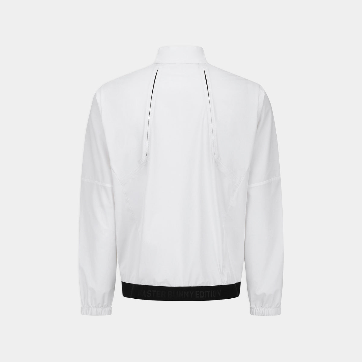 White lightweight jacket shown from the back, featuring a high collar, zippered back, and a contrasting black band at the hem, photographed on a light gray background.