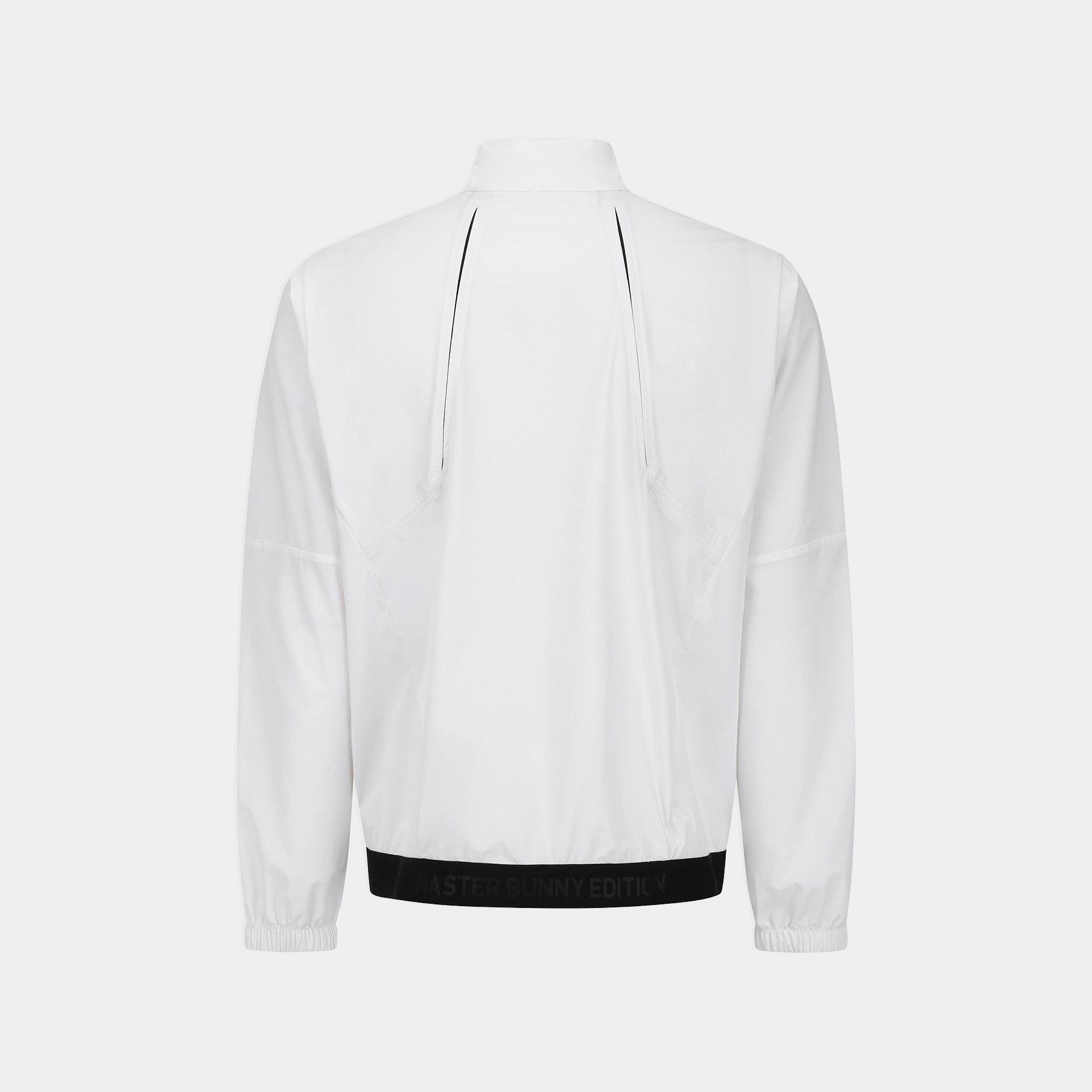 White lightweight jacket shown from the back, featuring a high collar, zippered back, and a contrasting black band at the hem, photographed on a light gray background.