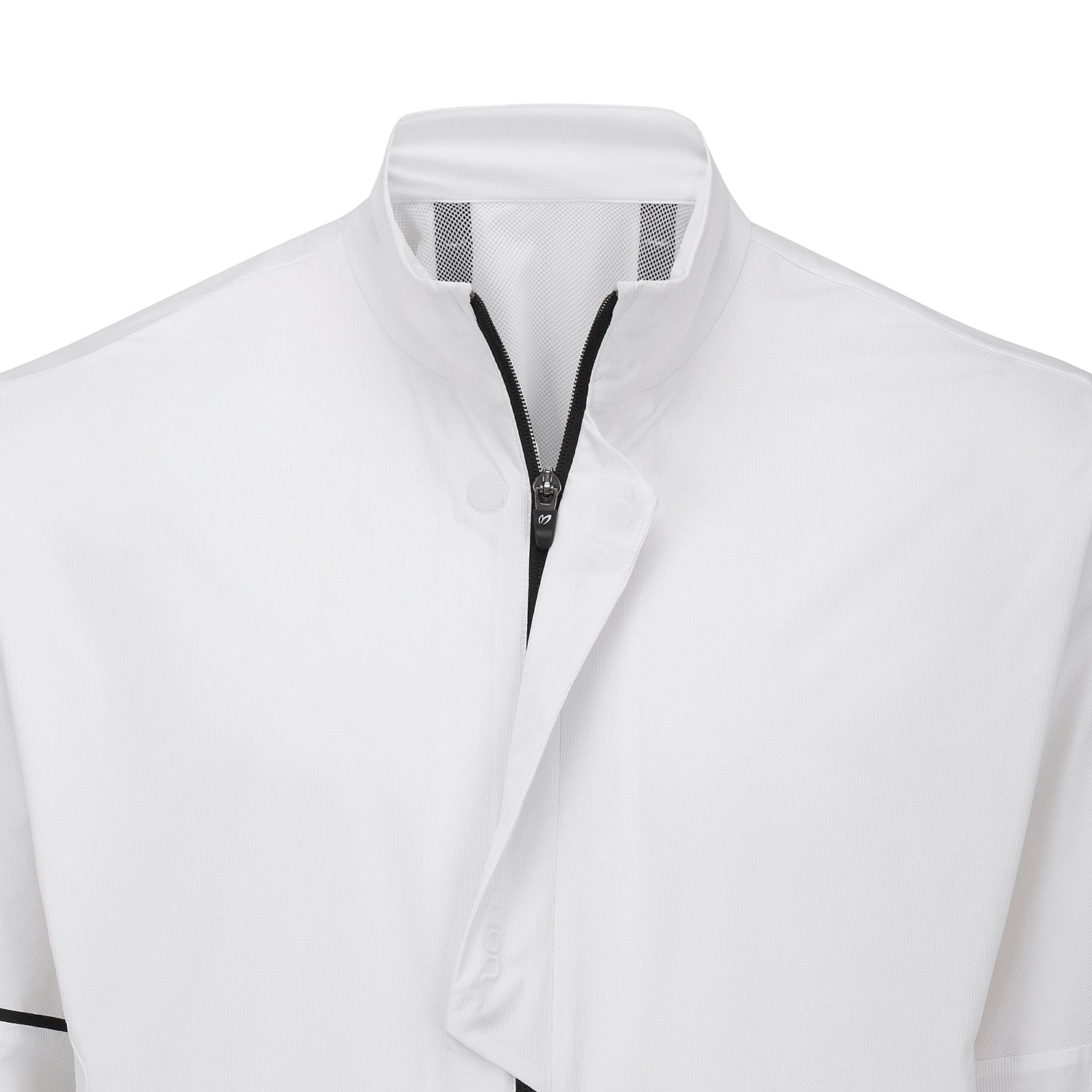 Close-up of a white athletic jacket with a stand-up collar, black zipper, and gray mesh lining details on a white background.