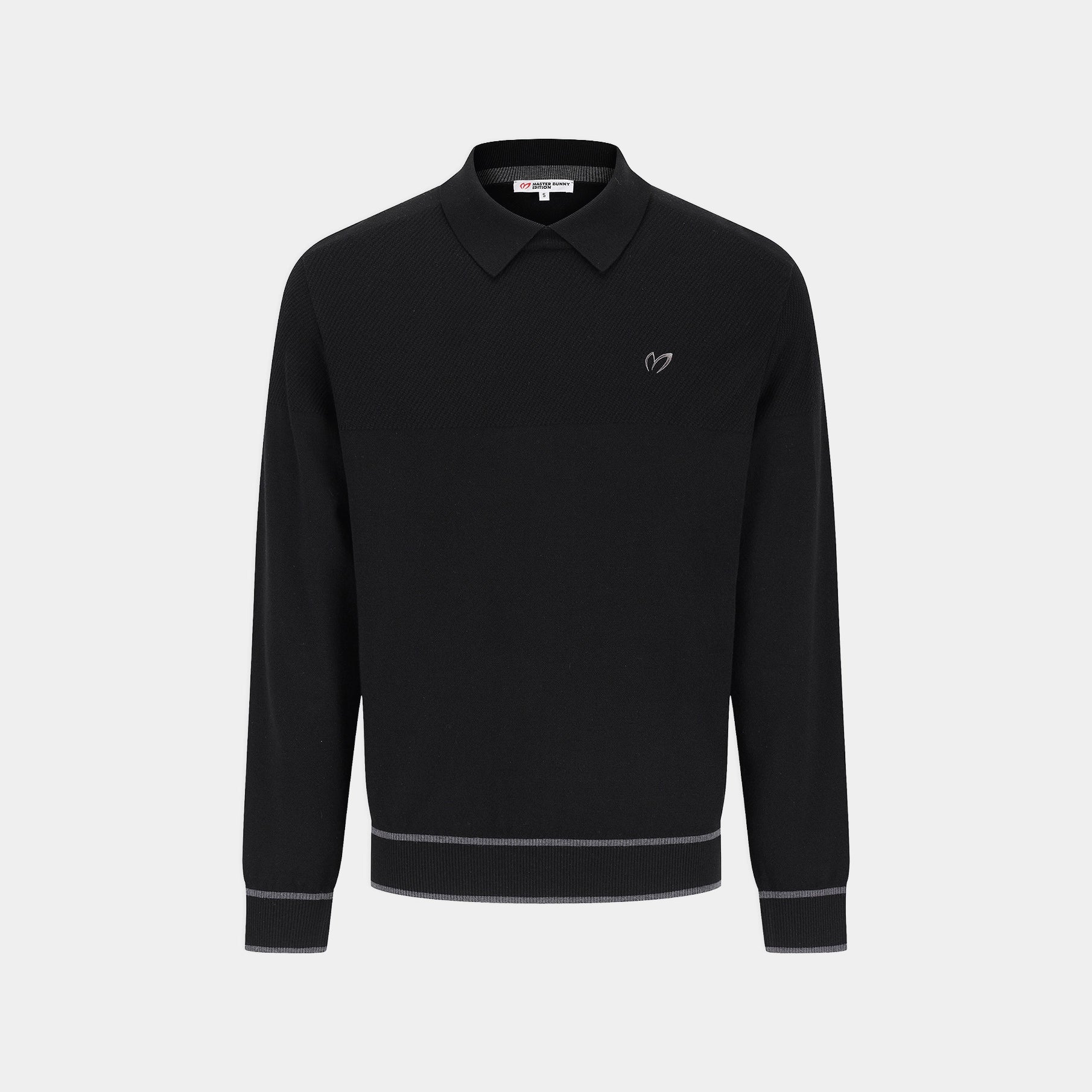A black long-sleeve knit polo sweater with a small white embroidered logo on the left chest, displayed on a light gray background.